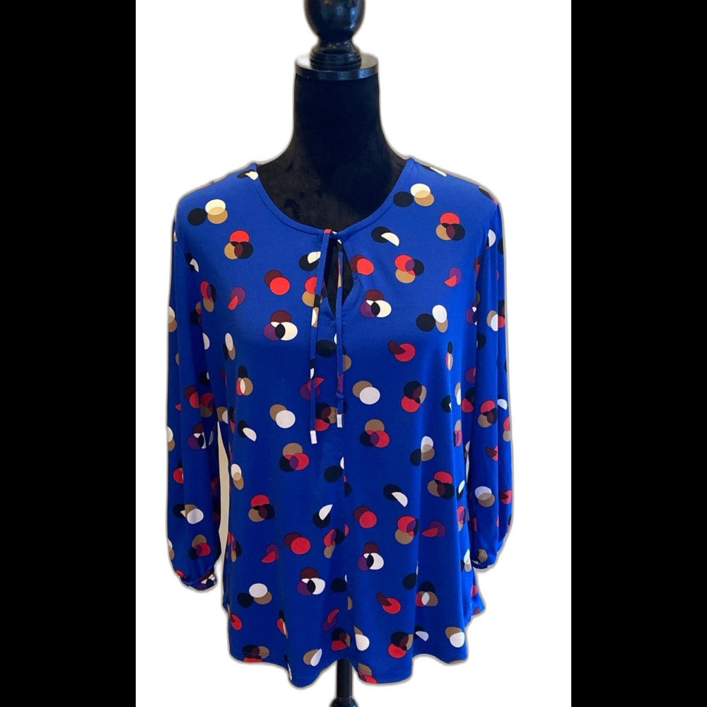 Liz‎ Claiborne Blouse Size Large Top Blue Pattern 3/4 Sleeves Tie Neck Stretch
